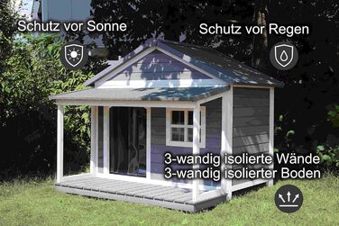 Будка для собак SunnyDogs з масивного дерева | Тепла та водовідштовхуюча будка з дахом та терасою | Розміри: 130 x 118 x 108 см