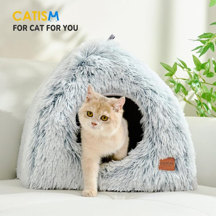 Котяча хатка-лежак CATISM 2 в 1, складна, м’яка, 45x45 см, знімна подушка, для котів, кошенят, цуценят, сіра
