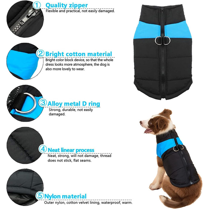 WELLXUNK Теплий водонепроникний дощовик для собак, куртка для маленьких та великих собак (блакитний, 83 см, L)