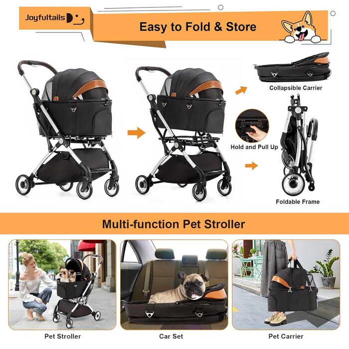 Візок для собак 3 в 1, до 15 кг, чорний. Складаний візок для собак і котів з сумкою-переноскою та дощовиком