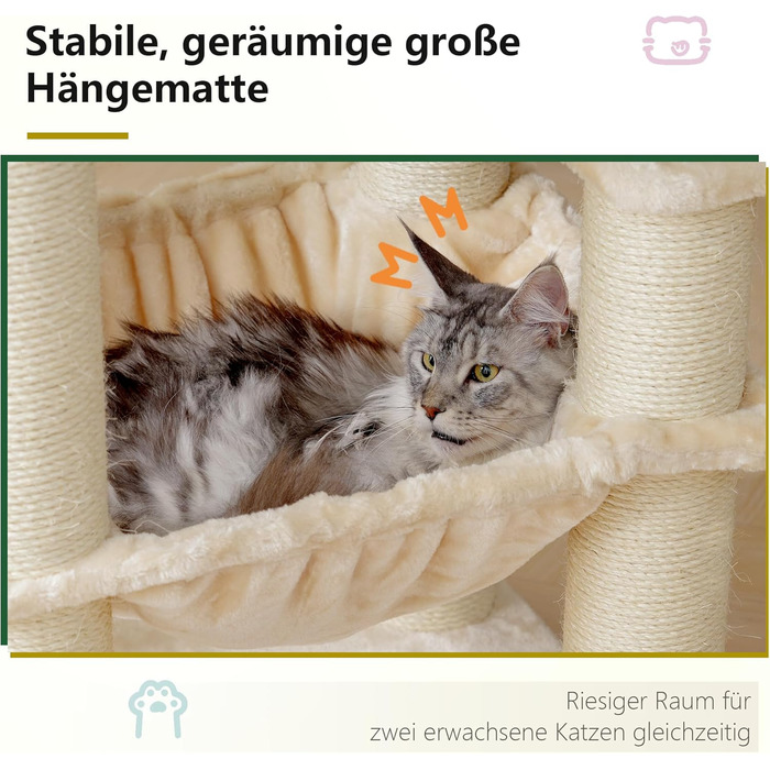 Великий котячий комплекс Hey-brother XXL для мейн-кунів, 168 см, з гамаком, сизалевими стовпами (φ11 см), кігтеточками, 2 платформами, будиночком, корзиною, бежевий EMPJ01M