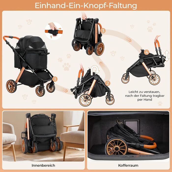 Візок для собак та котів MAMIZO, складний, до 25 кг, чорний