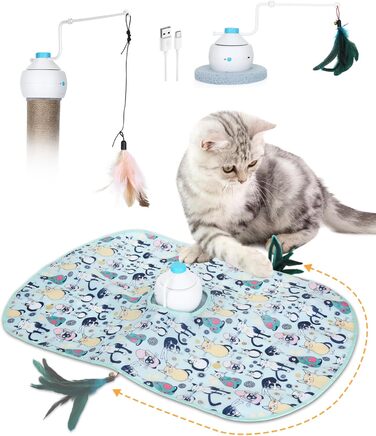 Інтерактивна іграшка для котів HAPPY HACHI 3 в 1: автоматична іграшка з пір'ям, USB-зарядка, комплект аксесуарів, блакитний колір