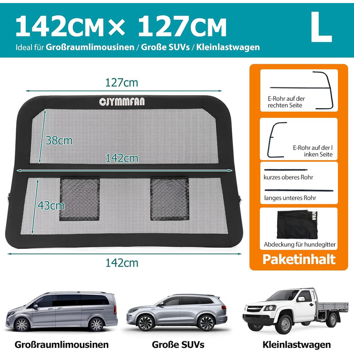 Сітка-перегородка для собак у машину CJYMMFAN: захист заднього сидіння та багажника, універсальна, з металевим каркасом та прозорим сіткою (великий)