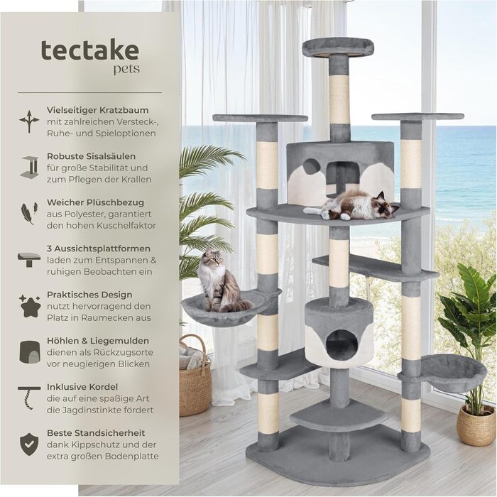 Великий котячий дряпак tectake XXL, з іграшками, лежанкою, двома будиночками, стовпчиками з сизалю, до стелі, сірий/білий