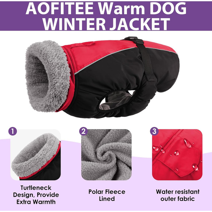 Зимовий теплий одяг для собак AOFITEE з коміром-гетром, регульована куртка для собак з отвором для повідка, водонепроникна куртка для собак на холодну погоду, підходить для собак маленьких, середніх та великих порід, червоний