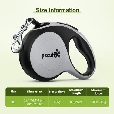 Рулетка для собак Pecute 8м, 50 кг, зелена, з антиковзним ручним гальмом