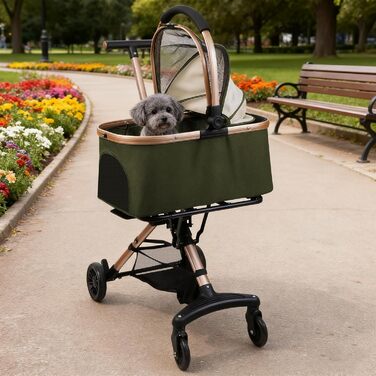 Візок для собак 3 в 1, складний, для маленьких собак та котів, знімний кошик, візок-кіндервоген, сітка, оксфордська тканина, до 20 кг (темно-зелений)