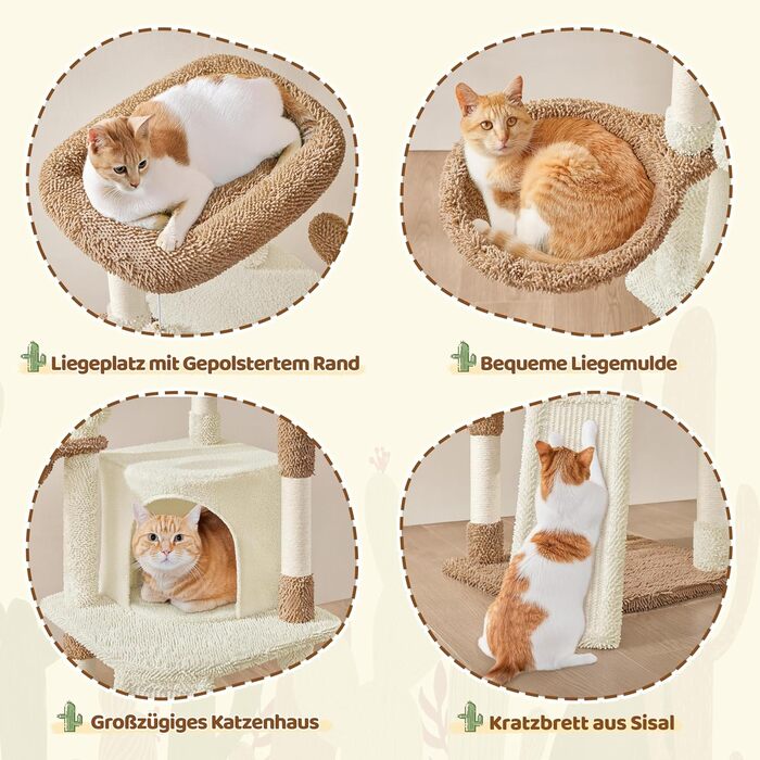 Дряпак для котів Yaheetech Kaktus, 106.5 см: стабільний, з оглядовою платформою та затишною печерею, оббитий сизалем, бежево-коричневий