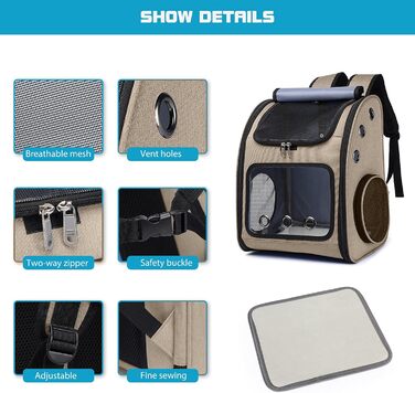 Рюкзак для собак та котів PETCUTE: дихаючий, знімний килимок, складаний, регульований. Підходить для маленьких собак та котів. Колір: хакі