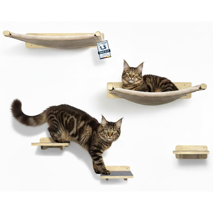 WOOWOOD® Комплект для лазіння котів на стіну (5 частин) - дерев'яний комплекс для котів з драбиною, гамаком та когтеточкою