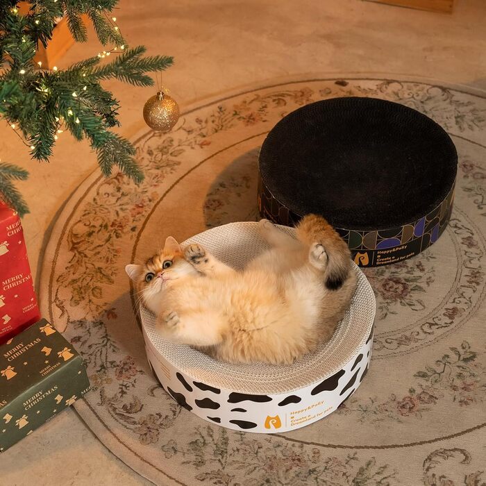 Кігтеточка Happy&Polly кругла з якісного картону, 2 в 1, двостороння, килимок для котів, іграшка, натуральний матеріал для сну/ігор/точіння кігтів, чорний колір, 40x40x10 см
