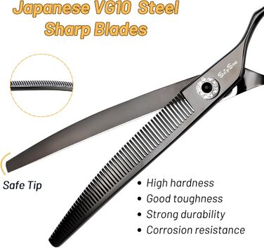 Професійна вигнута ножиця для грумінгу домашніх тварин 7.5 дюймів (19 см), 56 зубів, чорний колір, 25% тонкість