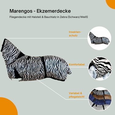 Marengos попона для коня з шийною частиною та підбрюшним ременем, захисна від мух і комах, дрібна сітка, подвійна застібка, чорна/біла, 145 см