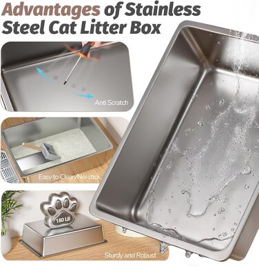 XXL Лоток для котів зі сталі з кришкою, 110° поворотна кришка, закритий лоток для котів, великий об'єм 40л з совочком та педальним механізмом, без запаху, захист від протікання та легке очищення, 60х42х44 см