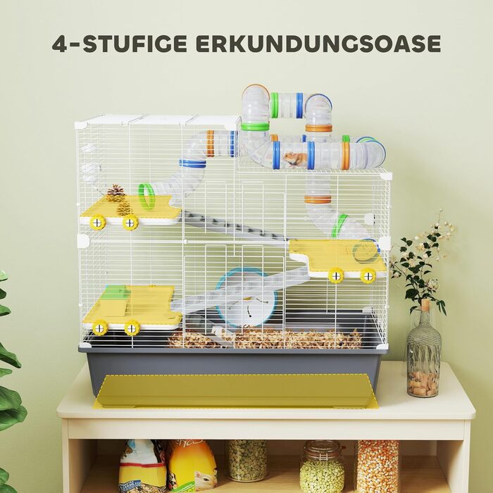 Клітка для хом'яків PawHut 4-ярусна з аксесуарами: колесо, годівниця, тунель, хатинка. Розмір 78x45x73 см, сіра