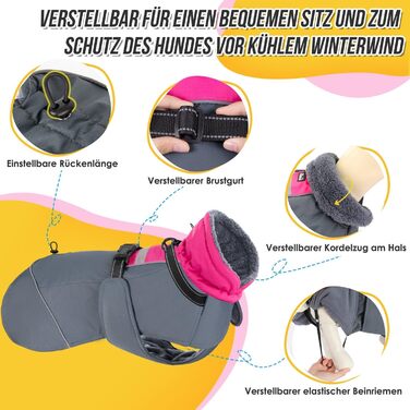 Зимовий собачий одяг SlowTon: водонепроникний, з флісовою підкладкою, з капюшоном-воротником та шнурком, для собак маленьких, середніх та великих порід, Fuchsie, XL