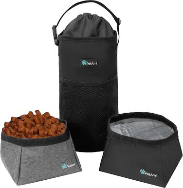 Сумка для корму для собак PetAmi | Сумка-переноска для сухого корму з розкладним набором мисок для води | Контейнер для корму для домашніх тварин для подорожей, кемпінгу, походів, аксесуари (чорний, сірий) Food Bag & Collapsible Bowls Чорний