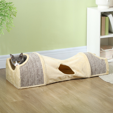 PawHut Cat Tunnel Play Tunnel Ігровий тунель з 2 будиночками, 3 отворами, складаний тунель для домашніх тварин до 6 кг, закритий, бежевий | Аосом