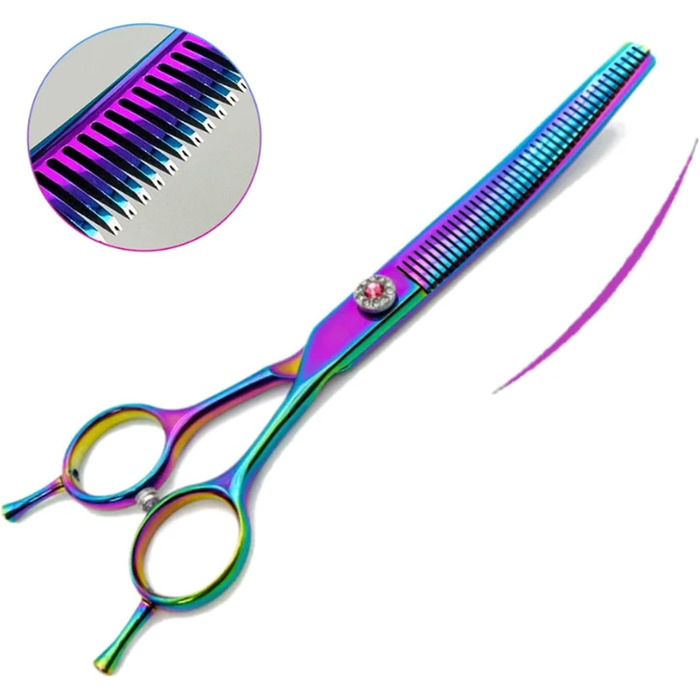 Професійна витончена ножиця для грумінгу собак 7 дюймів, з японської сталі 440C, фіолетового кольору. Зменшує товщину шерсті на 30-60%.
