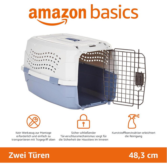 Транспортна переноска для котів Amazon Basics, 2 дверцята, верхнє відкривання, 48x32x25 см, синя