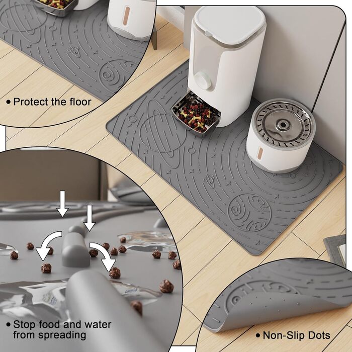 Підкладка під миску для собак та котів OHMO, 60x40 см, силіконова, неслизька, вологостійка, сіра