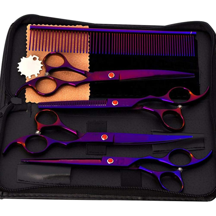 Набір ножиць для догляду за собаками, 7 дюймів, професійний триммер для тварин, леза з нержавіючої сталі, вигнуті ножиці, ножиці для розрідження, гребінець для грумінгу собак та котів, 5 шт. (фіолетовий)