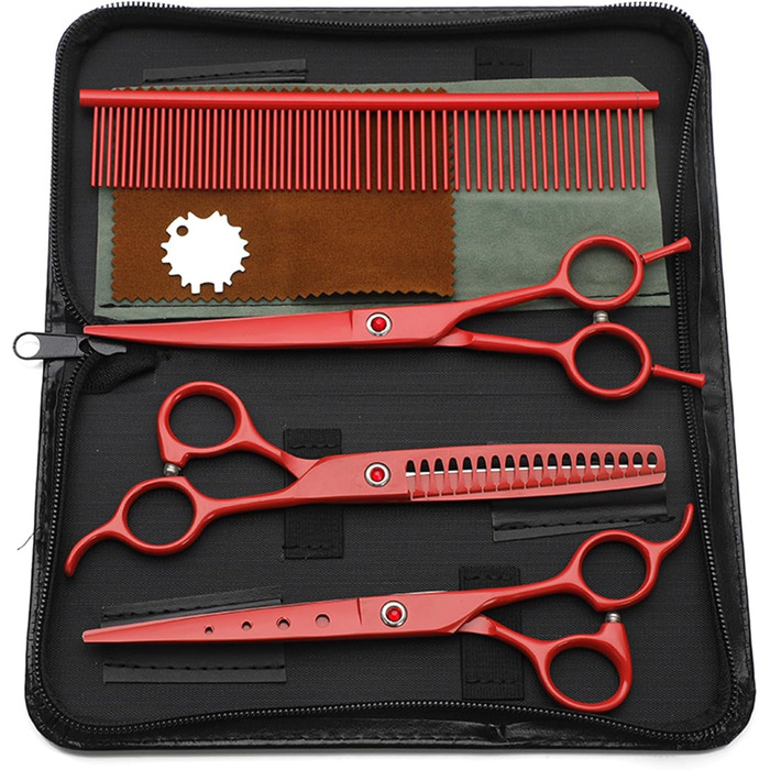 Набір для стрижки собак 4 в 1: прямі, зубчасті та вигнуті ножиці, гребінець. Підходить для собак, котів та інших тварин (червоний)