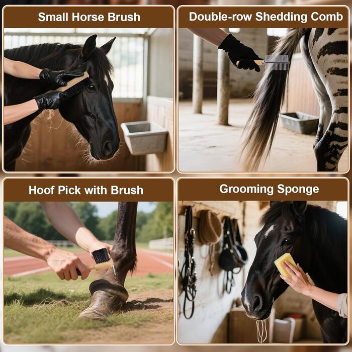 Набір для догляду за конем з дерева, 13 предметів: екологічні інструменти з ергономічними ручками, професійні щітки для гриви та копит