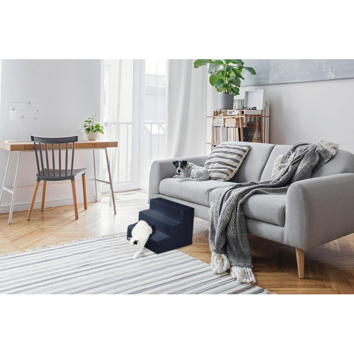 Сходинка для собак Mg Design - 3 сходинки, блакитний колір. Стабільна дерев'яна рама, захищає суглоби, легка та мобільна, для диванів та ліжок, підходить для собак та котів. Розміри: 40 x 45 x 35 см