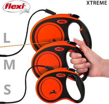 Рулетка для собак Flexi Xtreme L - міцна, 7.9 м, посилене гумове обплетення, світловідбиваючі елементи, регульована ручка, оранжево-чорний, Large