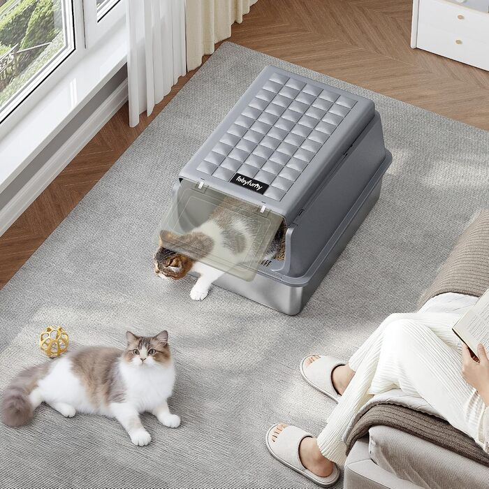 Лоток для котів з нержавіючої сталі XXL, великий туалет для котів 60x40x38,5 см, темно-сірий (набір 2 шт.)