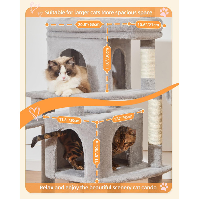 Котячий будиночок Taoqimiao MS032G: великий когтетоп для дорослих котів, XXL, міцний, з 8 стовпчиків для дряпання та великою гамаком (світло-сірий)