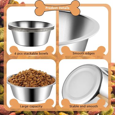 Набір мисок для собак з нержавіючої сталі, 6 шт. Великі, середні та малі миски для корму та води для собак, 900 мл, складані