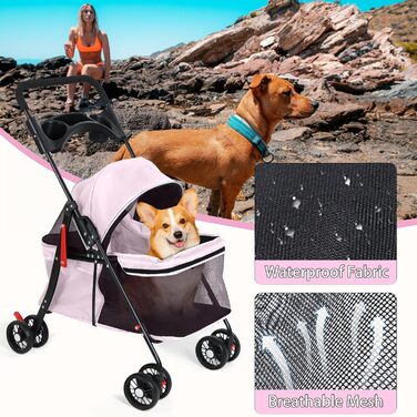 Візок для собак 2 в 1, будівельник для собак до 20 кг, 4 пари коліс 360°, візок для собак/кішок/дітей з тримачем для напоїв, складний візок для маленьких/середніх собак та котів (Рожевий)