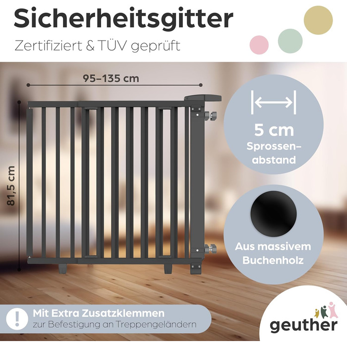 Захист для сходів Geuther Oris | Дверний захист для сходів з кріпленням, 2 клямки для поручнів, ширина, стабільне дерев'яне дитяче ворота, натуральний лак (чорний, 95-135 см)