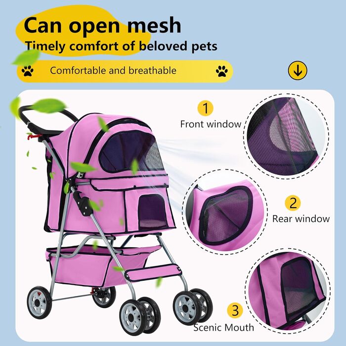 Візок для собак FDW, складаний, для котів та собак, з обертовими колесами на 360°, з кошиком для зберігання, подушкою та сітковими віконцями, утримувачем для напоїв, до 15 кг, рожевий