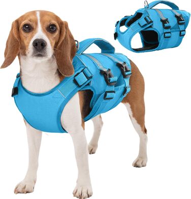 Жилет рятувальний для собак Kuoser, великий, блакитний, з ручкою та світловідбиваючими елементами, регульований, покращений плавучість