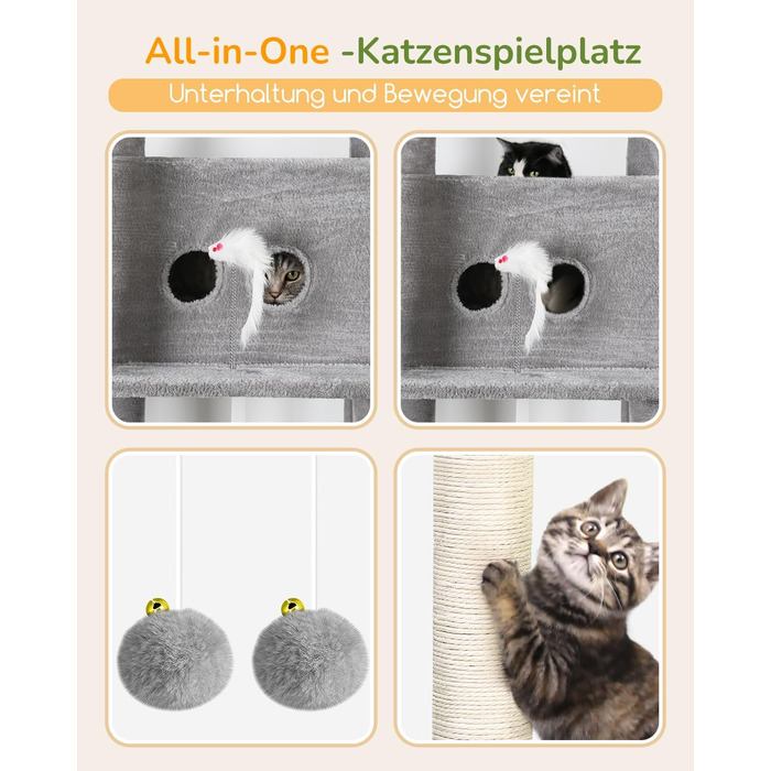 Комплекс для котів Globlazer XXL (204 см) для 3-5 великих котів, колір світло-сірий: будиночки, платформа, гамак, кошик, іграшки