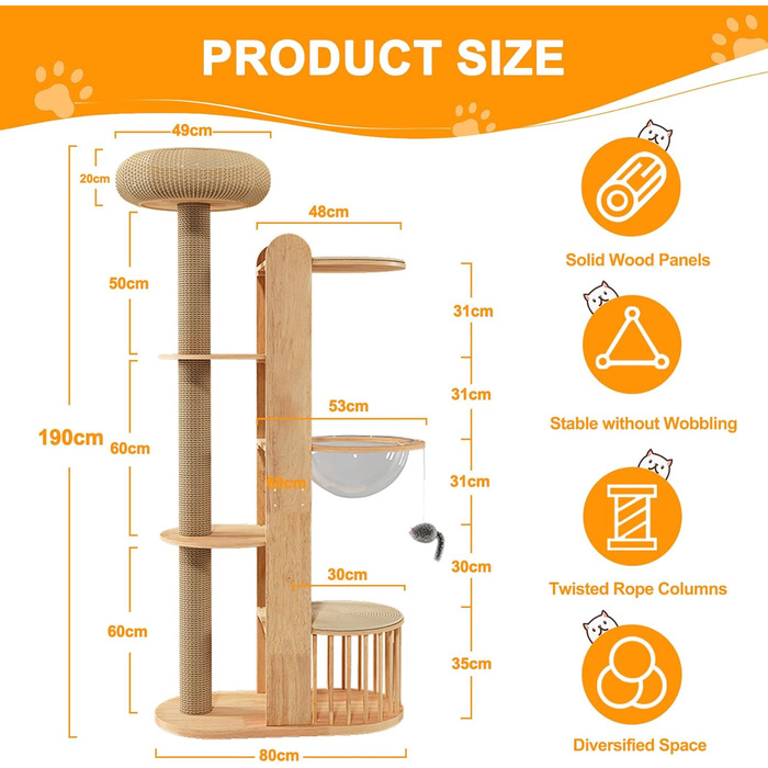 Великий котячий комплекс Kratzbaum Groß 190 см XXL з дерева, з сизалю, з будиночками та платформами для великих котів