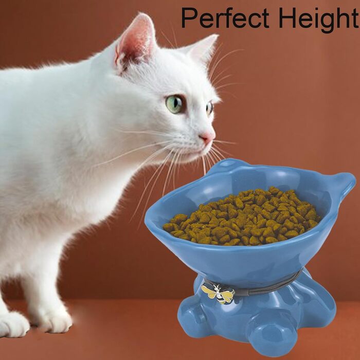 Підвищений годівниця для котів Busnos: керамічна миска для їжі та води, 14x13x11 см, синього кольору
