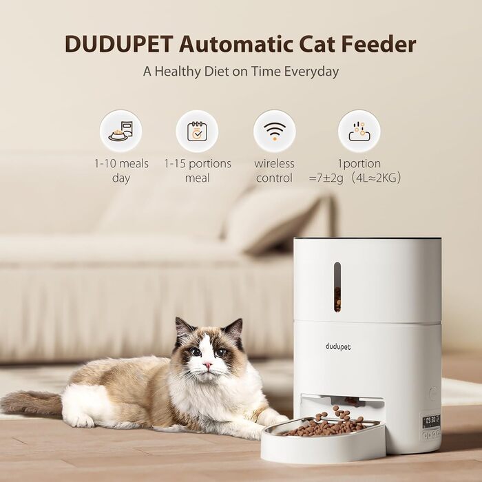 Автоматична годівниця для котів DUDUPET 4 л з Wi-Fi, подвійним живленням, записом голосу, сталевою мискою