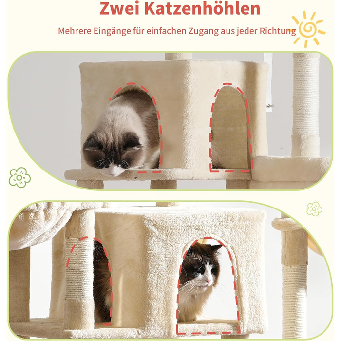 Котячий будиночок Hey-brother XXL для великих котів, 180 см, стабільний, з 3 платформами, 3 печерами та 2 котячими будиночками (Бежевий)