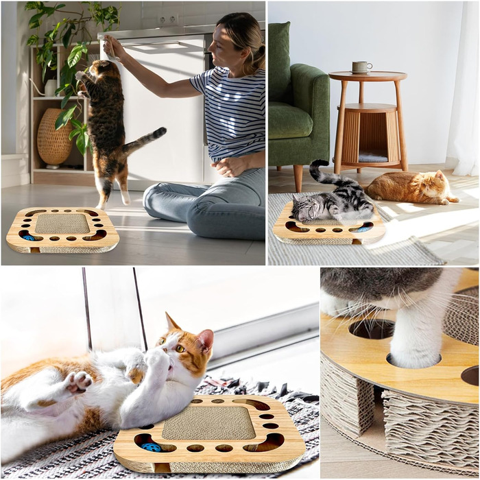 Кігтеточка для котів AUSYIWI з гофрокартону, 33x33x5,5 см - велика та маленька, з аксесуарами та іграшками