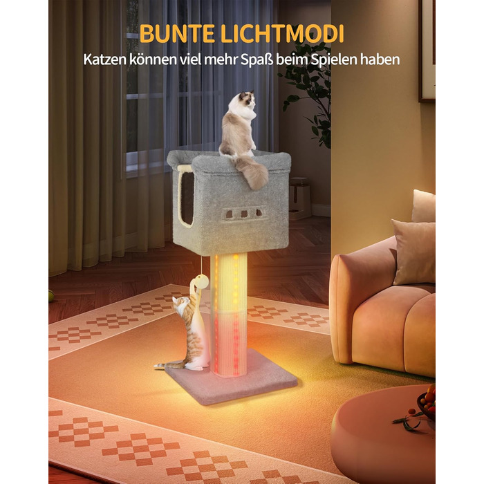 Котячий комплекс Hzuaneri 99 см з LED підсвіткою, сірий – когтеточка із сизалю, велика платформа, будиночок для котів, іграшка-бомбочка, меблі для котів 45x40x99 см, модель MS99918LG