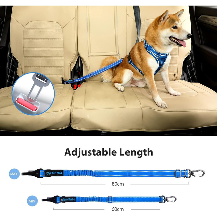 Безпечний пасок для собак IOKHEIRA, регульований автопасок для собак з універсальним з'єднувачем та фіксатором (океановий блакитний)