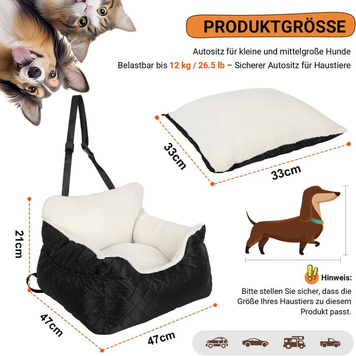 Автокрісло для собак Eikuavons, чорне, 47x47x21 см. З кишенями та шнуром для прив'язування. Підходить для маленьких собак