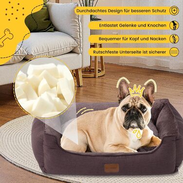 Ортопедичне ліжко для собак маленьких та середніх порід, 52x41x16 см, м'яке та зручне, кошик для собак з високим бортиком, знімний та пральний чохол, неслизьке, для дому та авто (темно-коричневий, S)