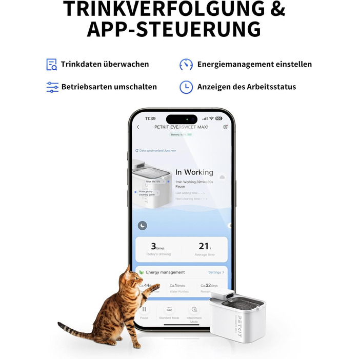PETKIT бездротовий фонтан для води для котів і собак 3 л, розумний, з керуванням через додаток, тихий 26 дБ, автономність 83 дні
