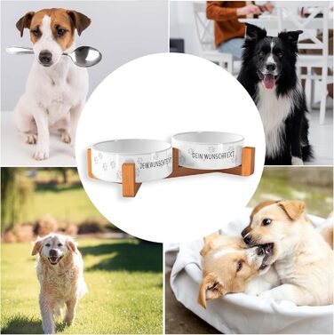 Персоналізована годівниця для собак OWLBOOK з іменем або текстом, подвійний набір мисок з кераміки та бамбуковим каркасом, 300 мл